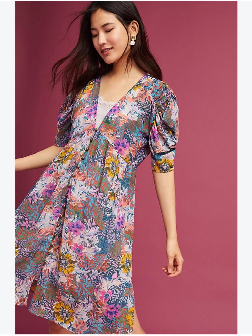 Floral V-Neck Midi Dress with Puff Sleeves - Multicolor